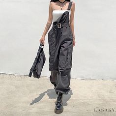 Lasaky - Vintage High Street Utility Pants with Stylish Shoulder Strap Design and Cuffed Hem Cargo Pants Overalls, Cool Streetwear Women, Pants With Suspenders Women, Tech Streetwear Women, Cargo Jumpsuit Outfit, Cool Jumpsuits, Jumpsuit Aesthetic, Tech Wear Women, Overalls With Belt