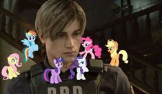 an image of a man with many pony ponies on his face and in front of him