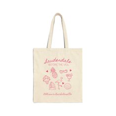 a tote bag with pink writing on it that says, saunteredale before the veil