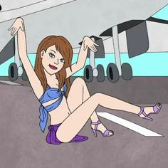 a woman sitting on the ground in front of an airplane with her legs spread out