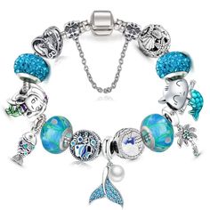 Summer Blue Mermaid Charm Bracelet. Clasp Type Pandora Style. Length 21cm Blue Pandora Bracelet, Pandora Bracelet Charms Ideas, Girly Bracelets, Pandora Bracelet Designs, Ocean Bracelet, Mermaid Bracelet, Beachy Vibes, Blue Mermaid, Bracelet Charms