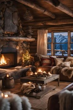 a living room filled with lots of furniture and a fire place in front of a window