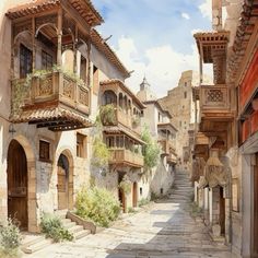 a painting of an alleyway with stone buildings and steps leading to balconies