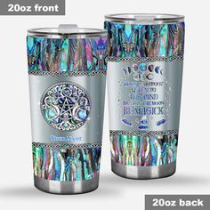 two stainless steel tumblers with colorful designs on them