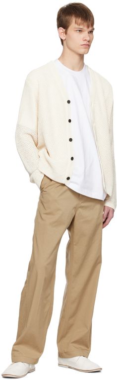 Open knit cotton cardigan. · Rib knit Y-neck, hem, and cuffs · Button closure Supplier color: Ivory Cotton Cardigan, Open Knit, Color Ivory, Knit Cotton, Rib Knit, Off White, Knitting, White, Color