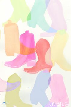 an abstract painting with different colors of boots and hats on it's sides, including pink, blue, green, yellow, and orange