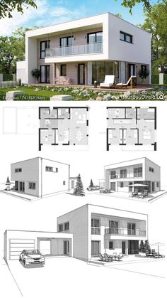 two story house plans with three levels and four floors, one level has an open floor plan