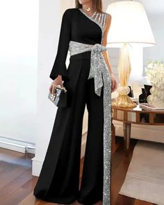 Lasaky - One Shoulder Metallic Lantern Sleeve Top & Bootcut Pants Set Summer Matching Sets, Black Jumpsuit Outfit, Sequin Suit, Womens Jumpsuits Casual, Lantern Sleeve Top, Jumpsuit Outfit, Stil Elegant, فستان سهرة, Jumpsuit Party