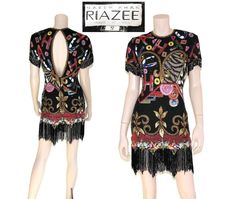 "This 80s-era silk trophy dress from Naeem Khan - Riazee features a stunningly sequined & beaded pop art design, beaded zig-zag fringe on sleeves and hemline, keyhole back, and mini length skirt. Luxuriously well-made and ready to turn heads! Dress is fully lined, has removable shoulder pads, and zips up the back. Best fits size xs or small (please check measurements below). Accessories not included. Payment plans available. Approximate Flat Measurements: Multiply times 2 for bust, waist, an Fitted Beaded Fringe Flapper Dress For Summer, Fitted Beaded Fringe Flapper Dress For Party Season, Fitted Sequin Mini Dress For Festival, Fitted Embellished Mini Dress For Festival, Bohemian Sequin Mini Dress For Party, Night Out Beaded Fringe Flapper Dress, Bohemian Flapper Dress With Sequins For Party, Fitted Fringe Dress For Festival, Fitted Embellished Festival Dress