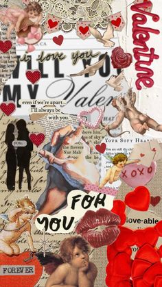 altered collage with red hearts and other items on it's side, including an i love you sign