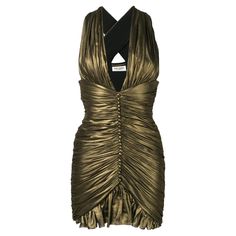 Saint Laurent SS19 Gold Ruched Plunging Fitted Silk Mini Dress Everything is harmonious in this Saint Laurent dress: the color, the intricate cut and ruching, the plunging neckline, and the light silk crepe fabric. Perfect for the holidays or a night out - pair it with strappy sandals and you are ready to go. Brand new with tags. Made in France. Size: 36 (FR) Gold Mini Dress Farfetch, Saint Laurent Sequin Dress, Yves Saint Laurent Couture Dresses, Gold Dress Farfetch, Draped Silk Dress, Saint Laurent Dress, Short Casual Dress, Chiffon Shorts, Designer Cocktail Dress