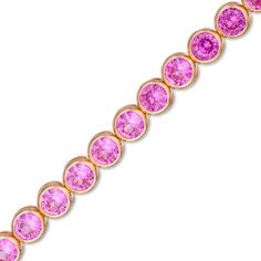 Modern and marvelous, this tennis bracelet is sure to become her favorite go-to look. Crafted in sterling silver with 14K rose gold plate, this charming style features 4.0mm bezel-set lab-created bright pink sapphires. Buffed to a brilliant luster, this 7.25-inch bracelet secures with a tongue and groove clasp. Rose Gold Plate, Branch Ring, Tongue And Groove, Dainty Bracelets, Sapphire Stone, Pink Stone, Gemstone Bracelets, Dainty Jewelry, Tennis Bracelet