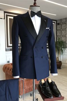 Color: Navy BlueButton: Double BreastedOccasion: Prom, Wedding, BusinessNeckline: Peaked LapelMaterial: Polyester & Polyester BlendPattern: SolidPiece: 2 PiecePocket: With Flap Navy Prom Suit, Prom Suits For Guys, Suits For Guys, Double Breasted Tuxedo, Evening Suit