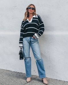 Stay warm and stylish this fall season with our Black and White Stripe Collared Sweater! This long-sleeved sweater features a collared v-neckline and ribbed detailing for a classic look. Made with a comfortable sweater material, the striped pattern adds a touch of sophistication. Simply style it with jeans, ankle booties, and a black clutch for a chic everyday outfit! Sorority Rush Outfits, Rush Outfits, Gameday Dress, Collared Sweater, Loungewear Dresses, Sleeved Sweater, Casual White Dress, Comfortable Sweater, Black Clutch