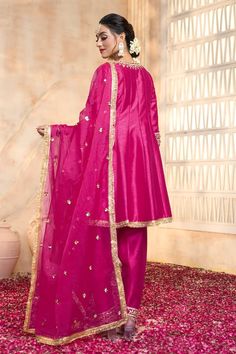 Fuchsia short anarkali in dupion base with floral pattern gota embroidered yoke, cuffs and laced hem. Comes with matching dupion salwar and dupatta. - Aza Fashions Short Anarkali, Salwar Pattern, Lace Neckline, Embroidered Shorts, Short Set, Set For Women, Anarkali, Aza Fashion, Three Quarter