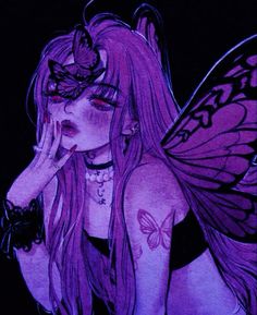 a drawing of a woman with purple hair and butterfly wings on her head, holding her hand to her face