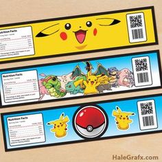 three pokemon themed candy bar wrappers are shown