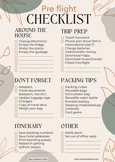 a checklist with the words pre flight checklist around the house and other things to do