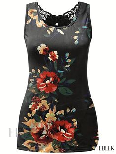 Ebeek - Exquisite Floral Print Contrast Lace Tank Top - Stylish Crew Neck Sleeveless Summer Tank Top for Women Fitted Sleeveless Tank Top With Floral Print, Multicolor Fitted Sleeveless Camisole, Fitted Multicolor Sleeveless Camisole, Fitted Floral Print Sleeveless Vest, Black Floral Print Tank Top, Summer Tank Top, Tank Top For Women, Summer Tank, Summer Tank Tops