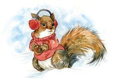 a painting of a squirrel wearing headphones and holding a teddy bear in the snow