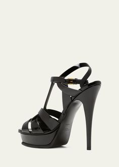 Saint Laurent Tribute Patent T-Strap Platform Sandals - Bergdorf Goodman Modern T-strap Heels For Evening, Luxury T-strap Heels For Party, Luxury T-strap Heels With Heel Strap, Elegant T-strap Platform Sandals, Luxury Black T-strap Heels, T Strap Heels, Leather Platform Sandals, Leather Mules, Engraved Logo