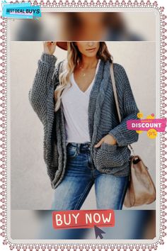 Long-sleeved Cardigan In A Long-sleeved Cardigan Casual V-neck Stretch Cardigan, Cheap Cotton Cardigan With 3/4 Sleeves, Affordable V-neck Bohemian Cardigan, Bohemian Long-sleeved Cardigan With Pockets, Non-stretch Bohemian V-neck Cardigan, Cardigan Tops, Ladies Tops Fashion, Best Deals, Grey