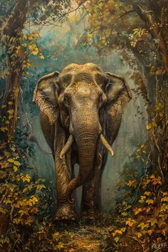 an elephant is walking through the woods in front of some trees and leaves with its trunk hanging down