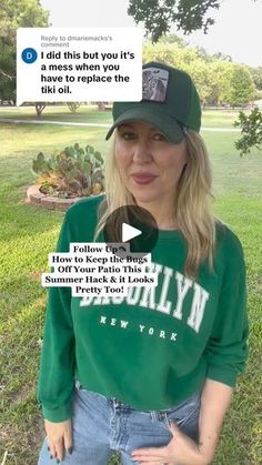 a woman wearing a green sweatshirt and hat with the caption, i did this but you're in need of repair