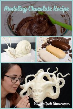 there is a woman making some chocolates with an octopus sculpture on the side and in the middle