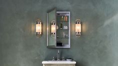 a bathroom vanity with two lights and a mirror