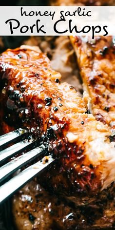 honey garlic pork chops on a plate with fork