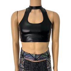 High-neck cutout crop top with sexy keyhole front. This top fits men or women for a unisex rave style. Made of 4-way stretch spandex. We can make this top in any of our 60+ fabrics if you request it in the personalization box! Please refer to the Women's size chart with your chest/bust measurement for sizing. High Stretch Crop Top For Club, High Stretch Cropped Top For Night Out, Punk Style Stretch Tops For Music Festival, Punk Style Fitted Top For Music Festival, Fitted Punk Tops For Music Festival, Edgy Stretch Halter Top For Night Out, Rave Style Stretch Crop Top For Festival, Stretch Crop Top For Club, Stretch Rave Crop Top For Night Out