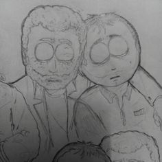 a drawing of three people with their eyes closed and one person looking at the camera