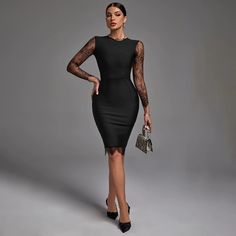 Black Round Neck Long Sleeve Lace Midi Bandage Dress | Rumor Apparel Midi Bandage Dress, Black Bandage Dress, Backless Midi Dress, Risk Taker, Lace Party Dresses, Bandage Midi Dress, Bandage Dress Bodycon, Romantic Lace, Bodycon Dress Parties