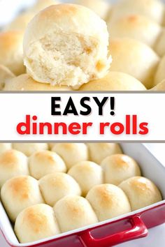 easy dinner rolls in a red baking dish with the words easy dinner rolls above it