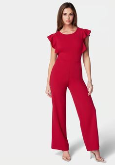 Flutter Sleeve Core Jumpsuit | bebe Red Jumpsuit, Flutter Sleeves, Contemporary Fashion, Flutter Sleeve, Best Sellers, Timeless Elegance, All In One, Full Length, Royalty