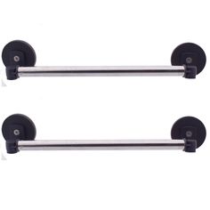 two black and stainless steel towel bars with round handles on each side, one is holding the