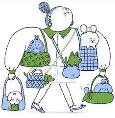 a drawing of a man carrying many bags and purses with poodles on them