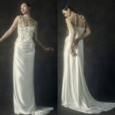 two images of a woman in a white dress