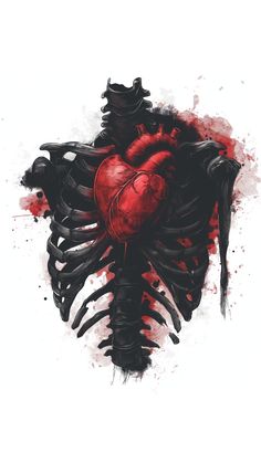 a drawing of a human heart in the shape of a skeleton with blood splatters