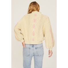 Off-white knit (60% Cotton, 40% Acrylic). Sweater. Long sleeves. Turtleneck. Pull on. 21.5" from shoulder to hemline. Imported. Spring Long Sleeve Cable Knit Top, Casual Cream Pointelle Knit Outerwear, White Cable Knit Tops For Spring, Relaxed Fit Cable Knit Sweater For Spring, Spring Beige Cable Knit Top, Spring Stretch Fit Cable Knit Tops, Spring Stretchable Cable Knit Tops, Spring Cable Knit Stretch Sweater, Stretch Cream Cable Knit Top