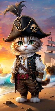 a cat dressed as a pirate on the beach with a ship in the background at sunset