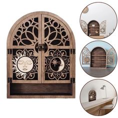 an ornate wooden door with carved designs on the front and side panels, in various stages of being opened