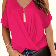 New Hot Pink Cold Shoulder Women’s Top. Soft Material. Can Be Dressed Up Or More Casual Blue Tie Dye Shirt, Leopard Print Shirt, Lightweight Blazer, Yellow Shirts, Flutter Sleeve Top, Sleeveless Crop Top, One Shoulder Tops, Green Blouse, Silk Shirt