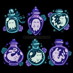 four purple and blue vases with animals in them on a black background, one has a