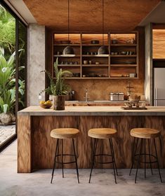 a kitchen with three stools next to an island