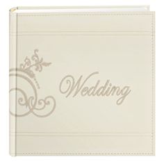 a white wedding album with the word's name on it and an ornate design