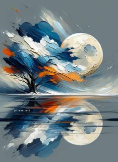 an abstract painting of a tree with the moon in the background