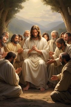 jesus sitting on the ground surrounded by other people and giving him his hands to pray