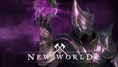 the new world logo with a purple background and an image of a man in armor